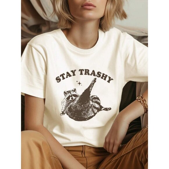 INAWLY Retro Funny Raccoon Print Short Sleeve T-Shirt Graphic Tees Women Tops - Picture 1 of 4